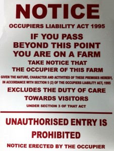 farm sign notice occupiers liability act 1995